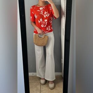 Red floral print smocked waistline blouse S resort vacation romantic brunch